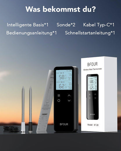 BFOUR BF-80 Fleischthermometer kabellos mit Bluetooth, WLAN, 2 Sonden