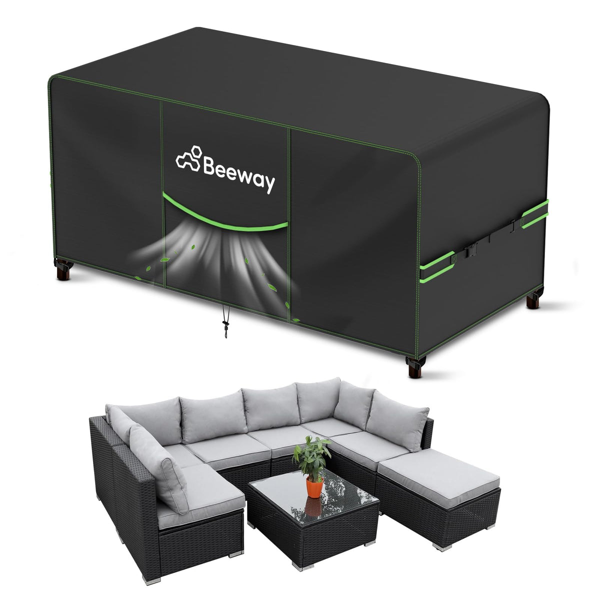 BEEWAY Gartenmöbel Abdeckung wasserdicht 300x250x102 cm, 420D Oxford – Schutzhülle mit Schnallenriemen und Zugband