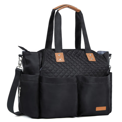 Lekebaby Wickeltasche gross mit Wickelunterlage, 19 Fächer, Schwarz – gesteppt, mit Henkeln und Schultergurt