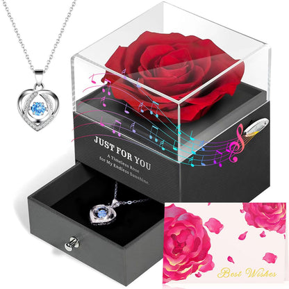 ADDWel Ewige Rose Rot mit Spieluhr und Silberkette 925 Geschenkset, konservierte Blüte und Herzkette