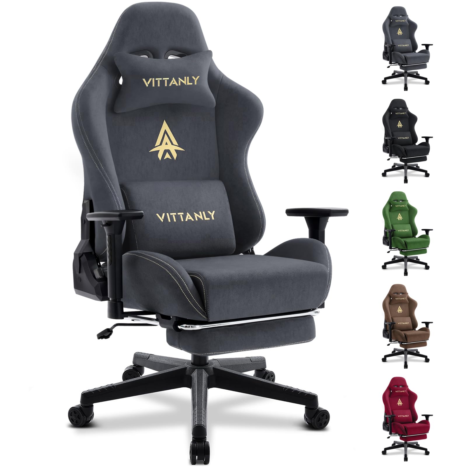 Vittanly Gaming Stuhl – Ergonomisch Wildlederimitat Grau, mit hohem Rücken, Armlehnen und Rollenkreuz. Für ergonomisches Gaming.