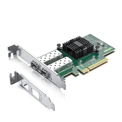 10Gtek 10Gb PCI-E X520-DA2 Netzwerkkarte - Dual SFP+, grüne Platine mit zwei SFP+ Ports, silberne Slotblende für 10GbE.
