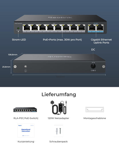 Reolink RLA-PS1 PoE-Switch mit 8 Ports und 2 Gigabit-Uplinks, 120 W