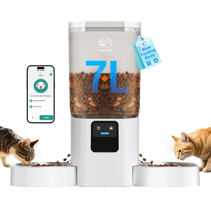 Frienhund Futterautomat Katze 2 Näpfe. Futterspender mit zwei Edelstahlnäpfen. Bietet APP/WiFi-gesteuerte, langsame 7L Portionierung für Katzen.