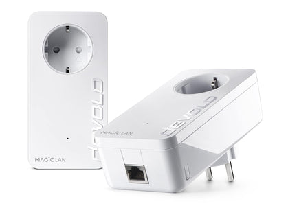 devolo Magic 1 LAN Powerline Starter Kit – 1200 Mbit/s weiss. Zwei kompakte, weisse Powerline-Adapter. Überträgt LAN-Signal über Stromnetz.