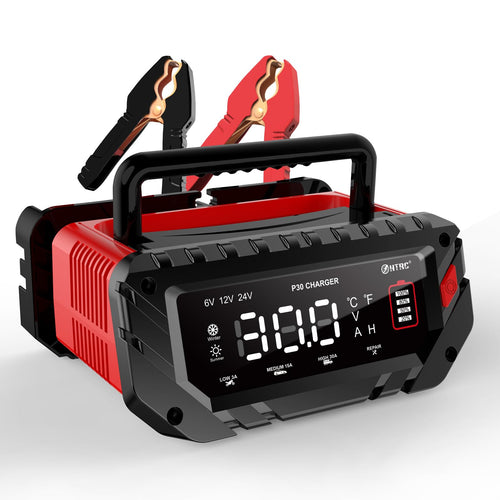 HTRC 30A Batterieladegerät 6V/12V/24V für Auto Motorrad, rechteckig, schwarz, Display. Lädt und pflegt Blei-Säure-Batterien.