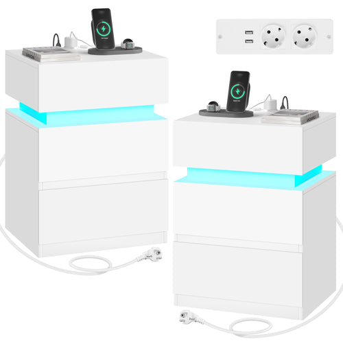 WOLTU Nachttisch 2er Set LED mit Steckdose - weiss NTS23ws-2. Zwei weiße Nachttische mit integrierter LED und Steckdose für Schlafzimmer-Ablage.