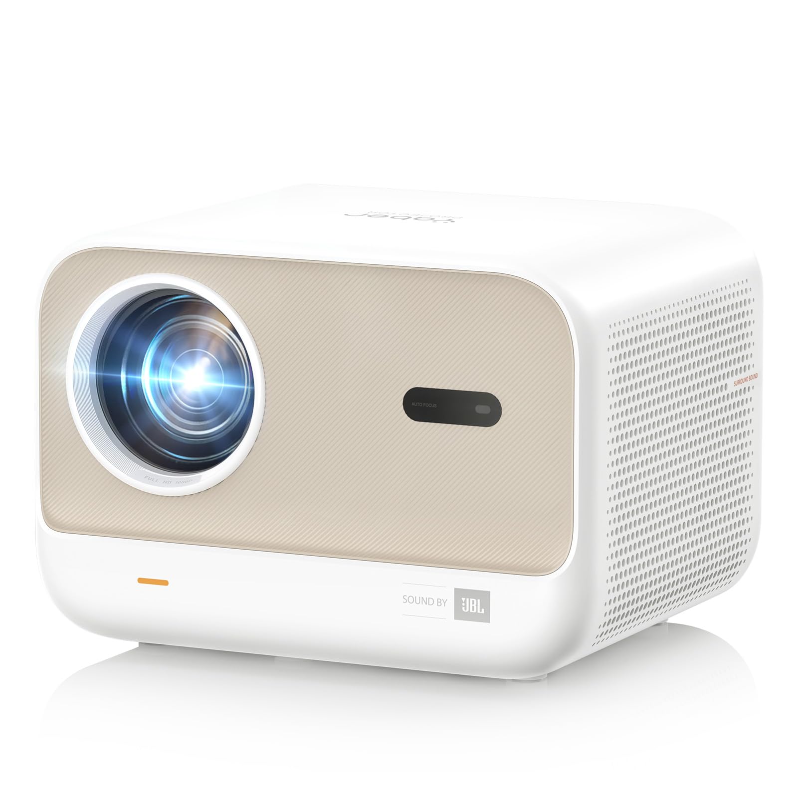 Yaber L2s Heimkino Beamer. Kompakter, rechteckiger, dunkler Projektor. Projektiert Full HD 1080P Inhalte mit JBL Sound und Autofokus für Heimkino.