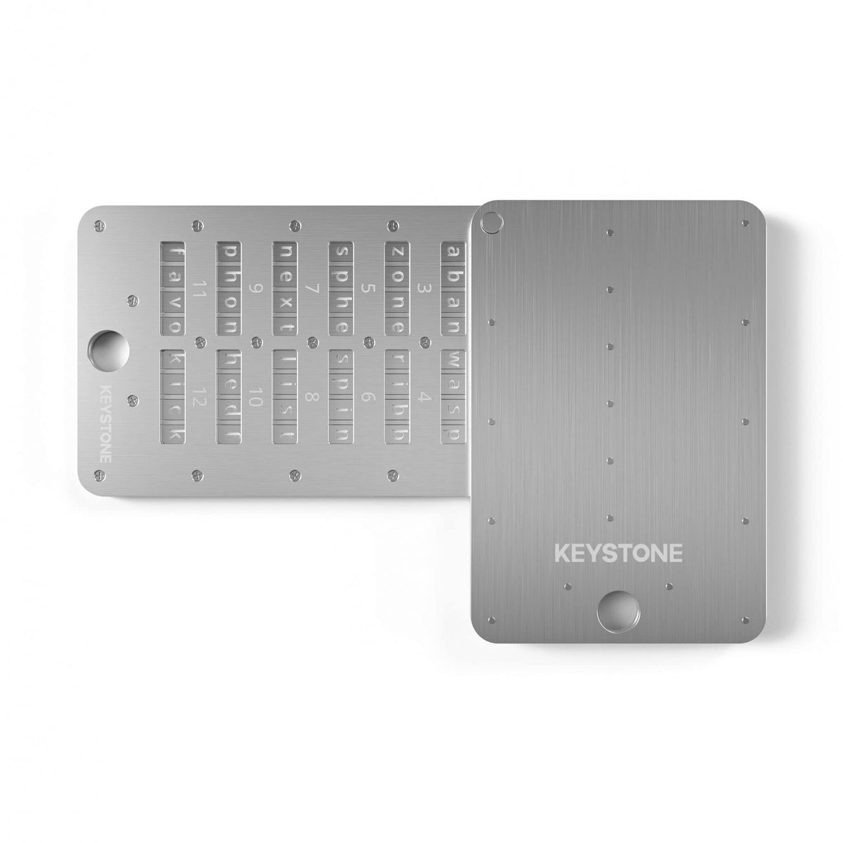 KEYSTONE Tablet Plus Crypto Seed Storage – Metall Wallet 24 Wörter. Rechteckige Metallplatte zur sicheren, offline Speicherung von Krypto-Recovery-Phrasen.