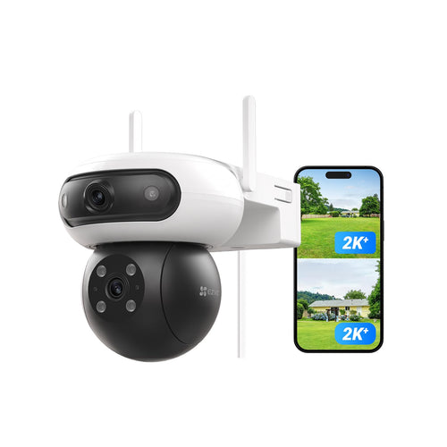 EZVIZ C90 Dual WLAN Überwachungskamera Aussen - Dual-Objektiv. Weißes, wetterfestes Gehäuse zur Sicherheitsüberwachung von Außenbereichen.