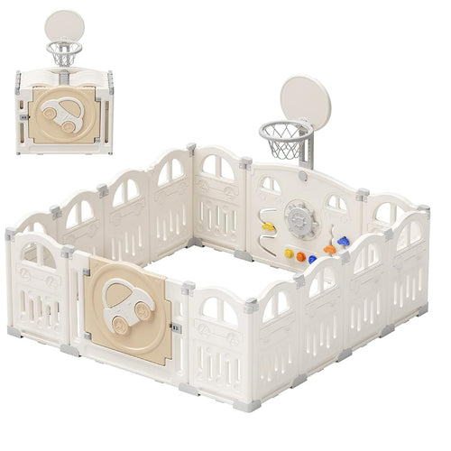 UBRAVOO Baby-Laufstall faltbar – 14 Felder, Weiss, mit Basketballkorb. Bietet Babys einen sicheren Spielbereich.