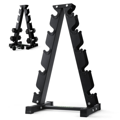PhysKcal 5-Tier Kurzhantel Rack – Hantelablage Ständer: Schwarzes Metallgestell mit 5 Ablageebenen zur platzsparenden Lagerung von Kurzhanteln.