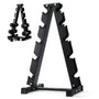 PhysKcal 5-Tier Kurzhantel Rack – Hantelablage Ständer: Schwarzes Metallgestell mit 5 Ablageebenen zur platzsparenden Lagerung von Kurzhanteln.