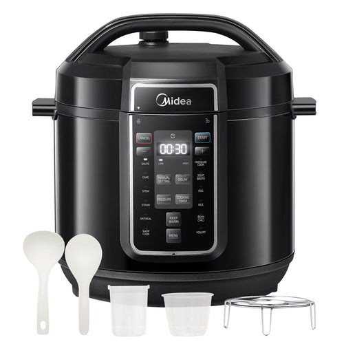 Midea Elektrischer Schnellkochtopf 9-in-1 Multikocher 8L - Schwarz. Runder, schwarzer Topf für Druckgaren, Slow Cooking und vielseitiges Kochen.