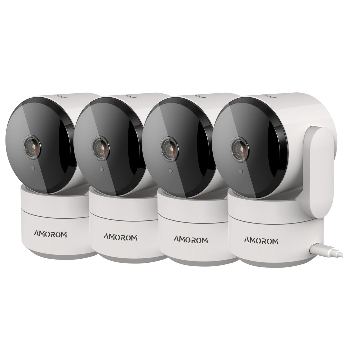 AMOROM WLAN Überwachungskamera Innen 360° KI - 4er Set. Vier kompakte, weiße Dome-Kameras zur 360° Raumüberwachung mit KI-Funktion.