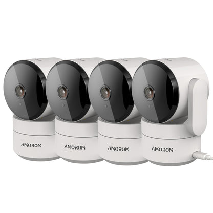 AMOROM WLAN Überwachungskamera Innen 360° KI - 4er Set. Vier kompakte, weiße Dome-Kameras zur 360° Raumüberwachung mit KI-Funktion.
