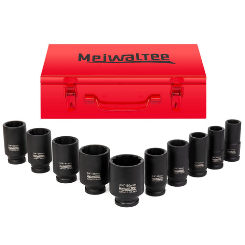 Meiwaltee Schlagschrauber Nüsse Set 3/4 Zoll, 10-teilig, 22-50 mm aus Chrom-Molybdän-Stahl im Metallkoffer