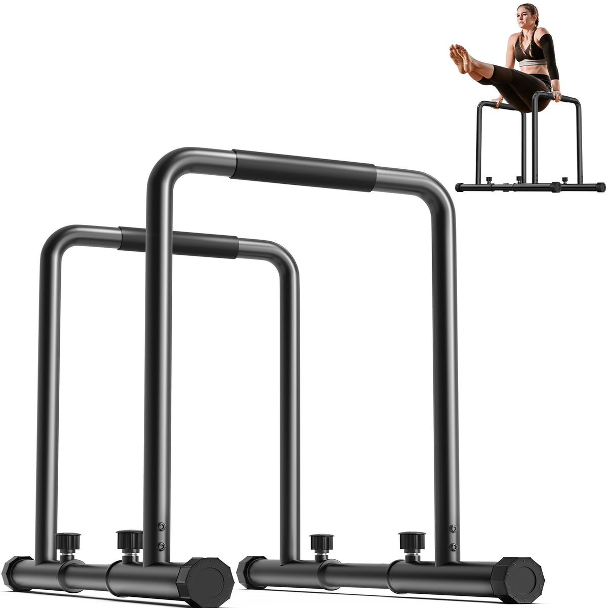 Yoleo Verstellbare Dip Barren. Schwarze, höhenverstellbare Metallkonstruktion für Dips und Eigengewichtstraining.