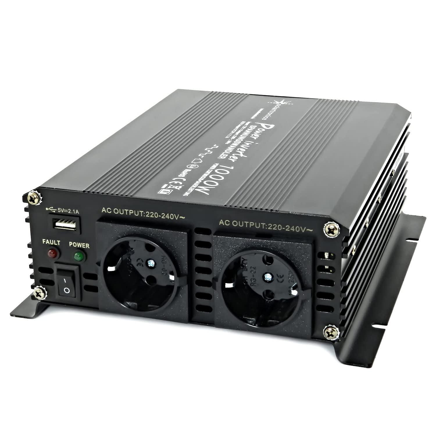 SOLARTRONICS NM1000 Spannungswandler 12V 1000W Schwarz. Rechteckiger Kasten, wandelt 12V DC in 230V AC für mobile 1000W-Stromversorgung.