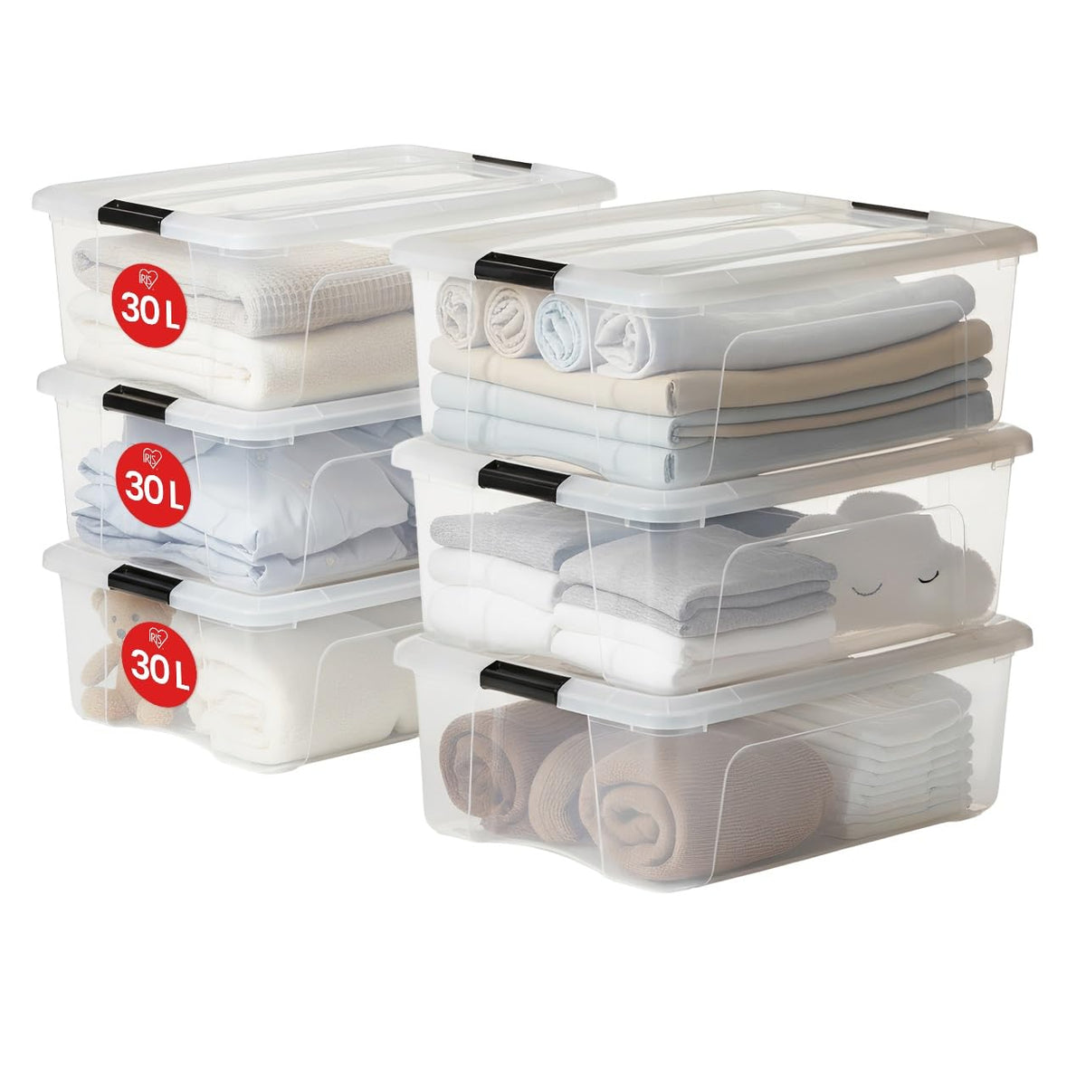 Iris Ohyama New Top Box NTB-30 Aufbewahrungsboxen 30 L, 6er-Set – transparente Boxen mit Deckel