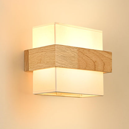 Gleonlux Wandleuchte Holz Innen, Vintage Wandlampe mit E14 Fassung, quadratischer weisser Stoffschirm, Eichenholzkorpus