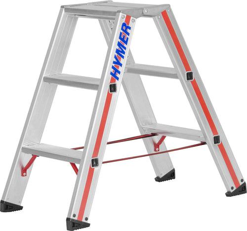 Hymer Stufenstehleiter beidseitig begehbar 2x3 Sprossen - 802406. Robuste Aluminium-Stehleiter für sicheres Arbeiten in der Höhe.