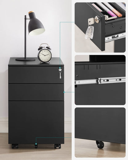 SONGMICS Rollcontainer OFC60BK – 3 Schubladen, Schwarz, abschliessbar