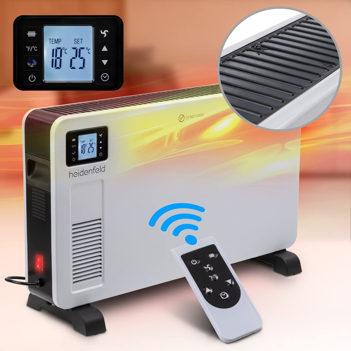 Heidenfeld EK100 Konvektor Heizung elektrisch - 2300 Watt. Flacher, weißer Korpus. Heizt Räume effizient und schnell auf.