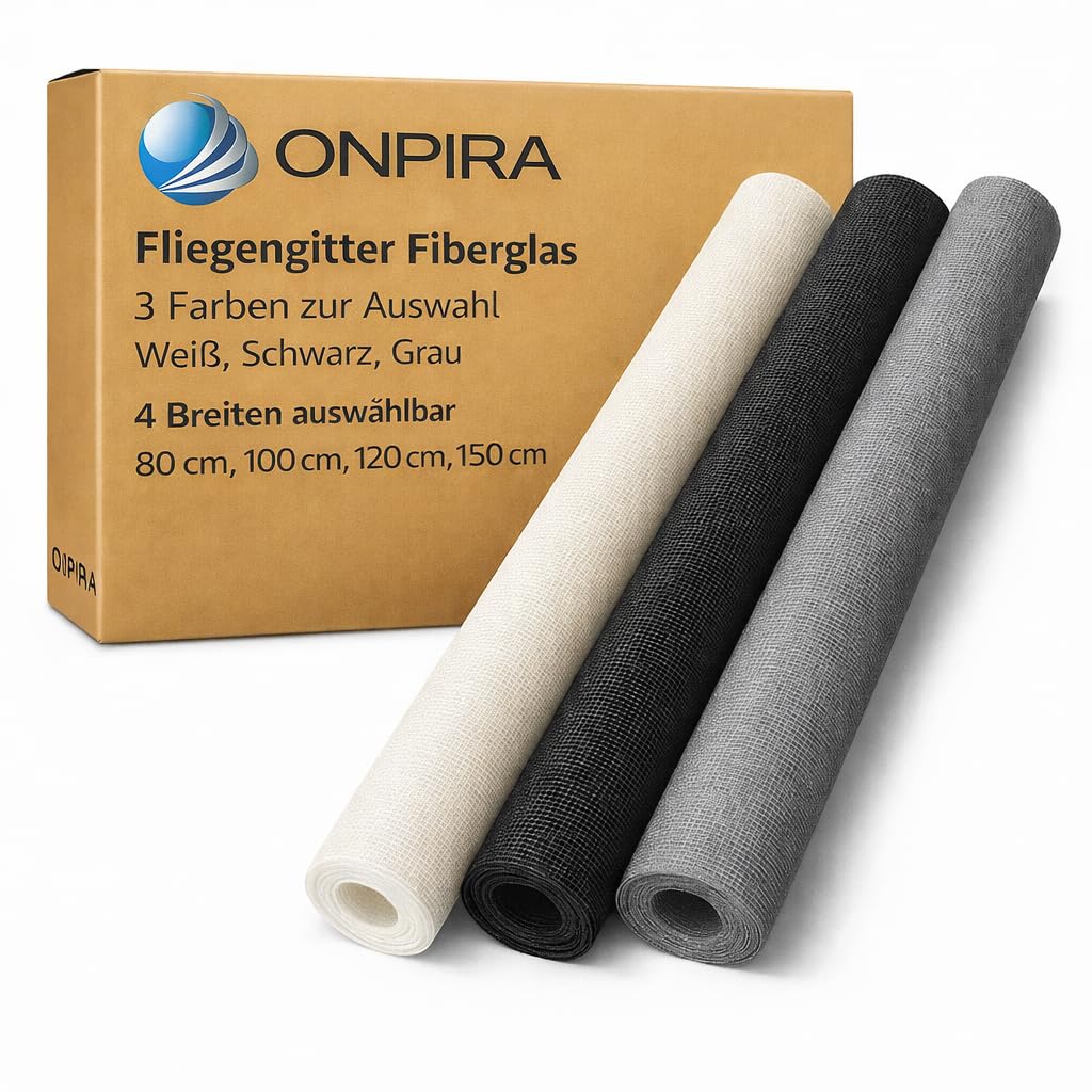ONPIRA Fliegengitter Fiberglas schwarz, Insektenschutz, 120 x 10 m – Fiberglasgewebe für Fenster und Türen