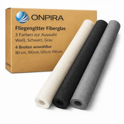 ONPIRA Fliegengitter Fiberglas schwarz, Insektenschutz, 120 x 10 m – Fiberglasgewebe für Fenster und Türen