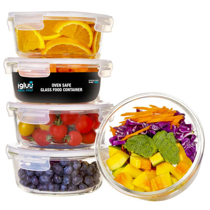 Igluu Meal Prep Glas-Frischhaltedosen rund 950 ml, 5er-Set aus Borosilikatglas mit BPA-freiem Deckel