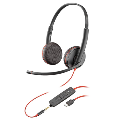 Poly Blackwire 3225 Schnurgebundenes Headset – USB-C/A/3.5mm. Schwarzes Stereo-Headset mit Mikrofonarm für Kommunikation.