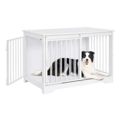 Hzuaneri Hundekäfig Möbel Indoor 100cm – Weiss Holz Schiebetüren. Holzmöbel mit Käfigfunktion; sicherer Hunderückzugsort.