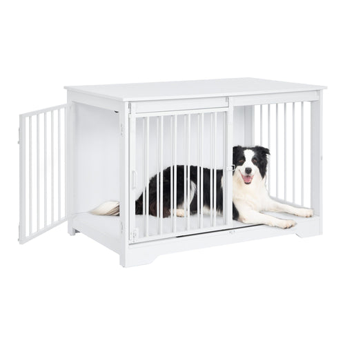 Hzuaneri Hundekäfig Möbel Indoor 100cm – Weiss Holz Schiebetüren. Holzmöbel mit Käfigfunktion; sicherer Hunderückzugsort.