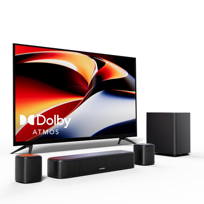 ULTIMEA Aura A50 Pro 5.1 Kanal Soundbar Dolby Atmos. Schwarzes, rechteckiges Gerät zur Wiedergabe von 5.1 Raumklang für Medien.
