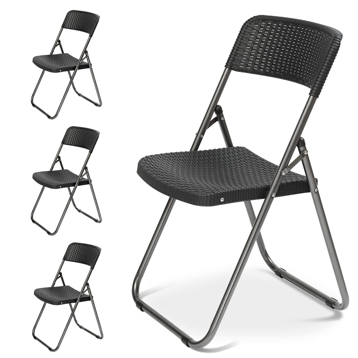 Sekey Klappstuhl 4er Set Gartenstuhl Rattan-Optik - Schwarz. Vier schwarze Klappstühle in Rattan-Optik zur platzsparenden Nutzung im Garten.