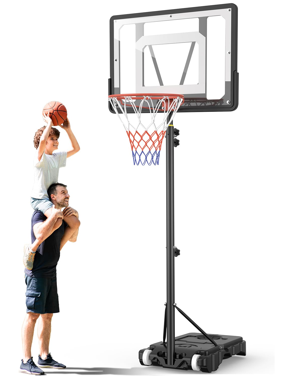 Basketballständer Kinder Outdoor 150-210cm - Höhenverstellbar. Schwarzer Pfosten, roter Korbring. Fördert Basketballspiel im Freien.