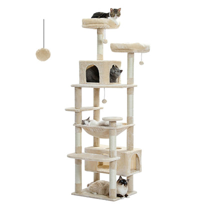 PAWZ Road Kratzbaum Grosse Katzen Stabil, 184cm hoch, beige. Bietet Sisalstämme, Liegeflächen & Höhlen zum Klettern, Kratzen & Ruhen.