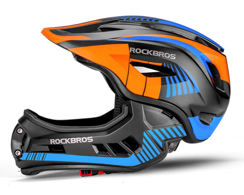 ROCKBROS Kinder Fullface Helm. Blauer Helm mit abnehmbarem Kinnschutz. Schützt Kopf und Gesicht beim Radfahren und Mountainbiking.