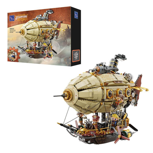 PANTASY Steampunk-Luftschiff Modellbausatz – Zweilagiger Zeppelin. Länglicher, braun-metallicfarbener Steampunk-Zeppelin mit Doppelrumpf zum Bauen.