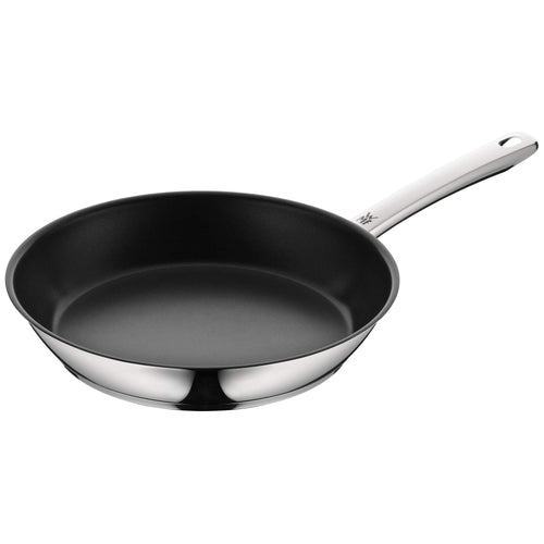 WMF Cromargan Edelstahl Bratpfanne beschichtet 28 cm backofenfest. Runde, silberne Pfanne mit dunkler Beschichtung zum Braten und Garen im Ofen.