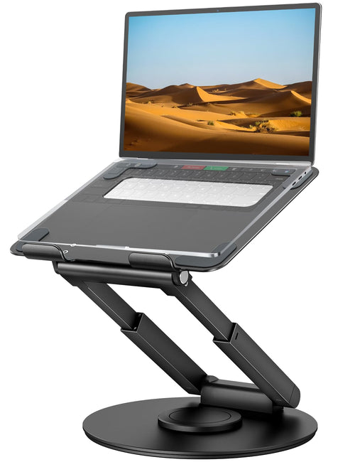 Ergonomischer Laptop Ständer höhenverstellbar 360° - Schwarz. Schwarzer Stand. Hebt Laptops für ergonomische Haltung auf Augenhöhe.