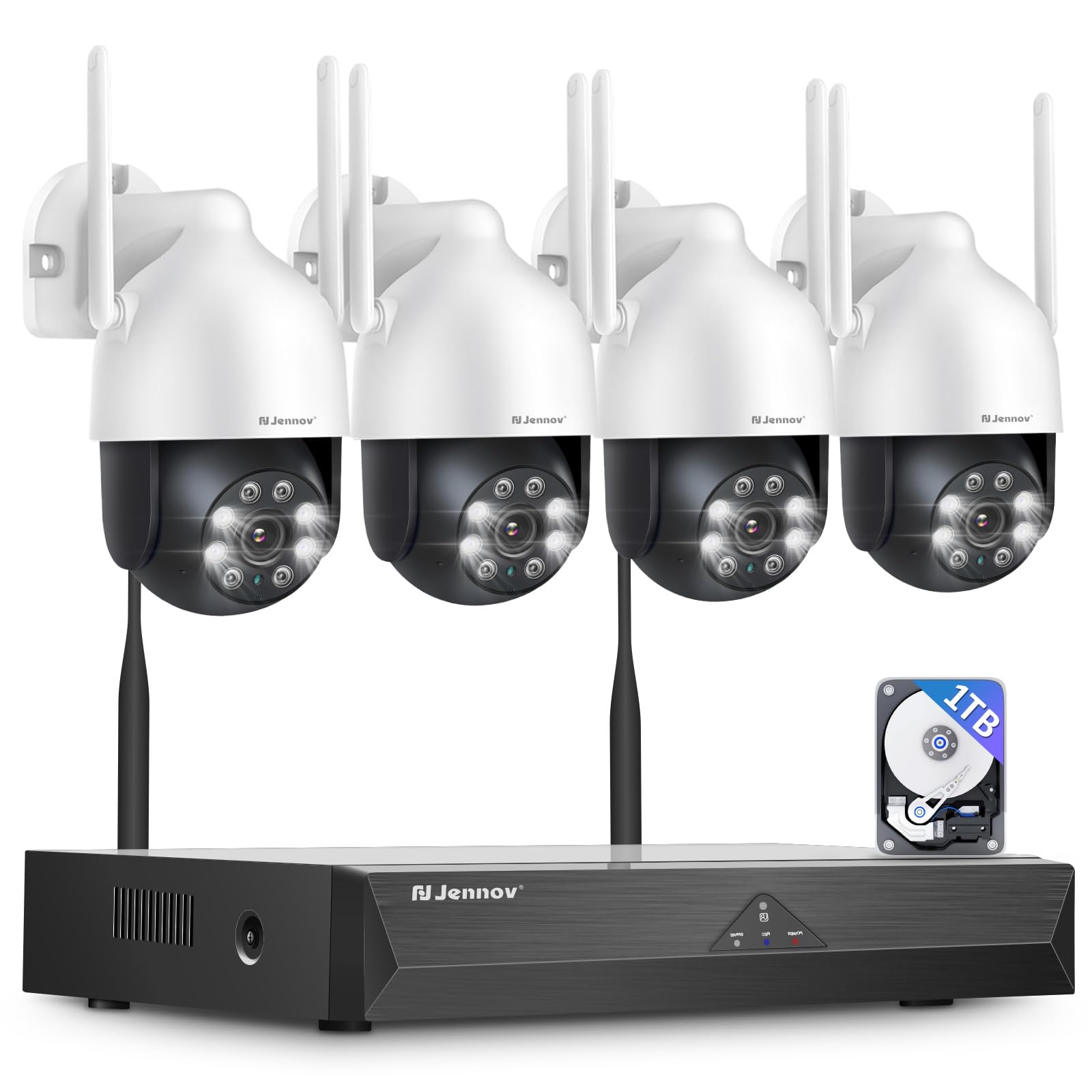 Jennov 5MP PTZ WLAN Aussen Überwachungskamera Set - 4 Kameras: Vier weiße PTZ-Kameras. Für 5MP Videoüberwachung im Außenbereich via WLAN.