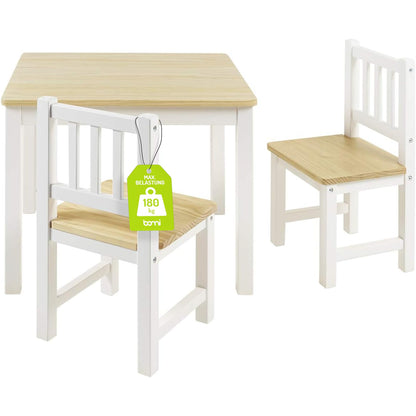 Bomi Amy Kindertisch mit 2 Stühlen Set Holz Weiss Natur. Rechteckiger Tisch und zwei Stühle in Weiss/Natur. Ideal zum Spielen und Malen für Kinder.