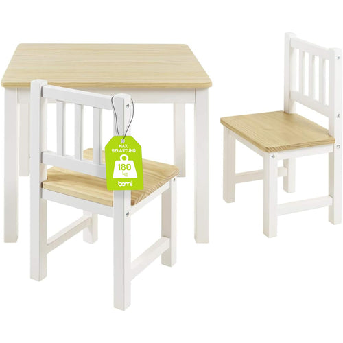 Bomi Amy Kindertisch mit 2 Stühlen Set Holz Weiss Natur. Rechteckiger Tisch und zwei Stühle in Weiss/Natur. Ideal zum Spielen und Malen für Kinder.