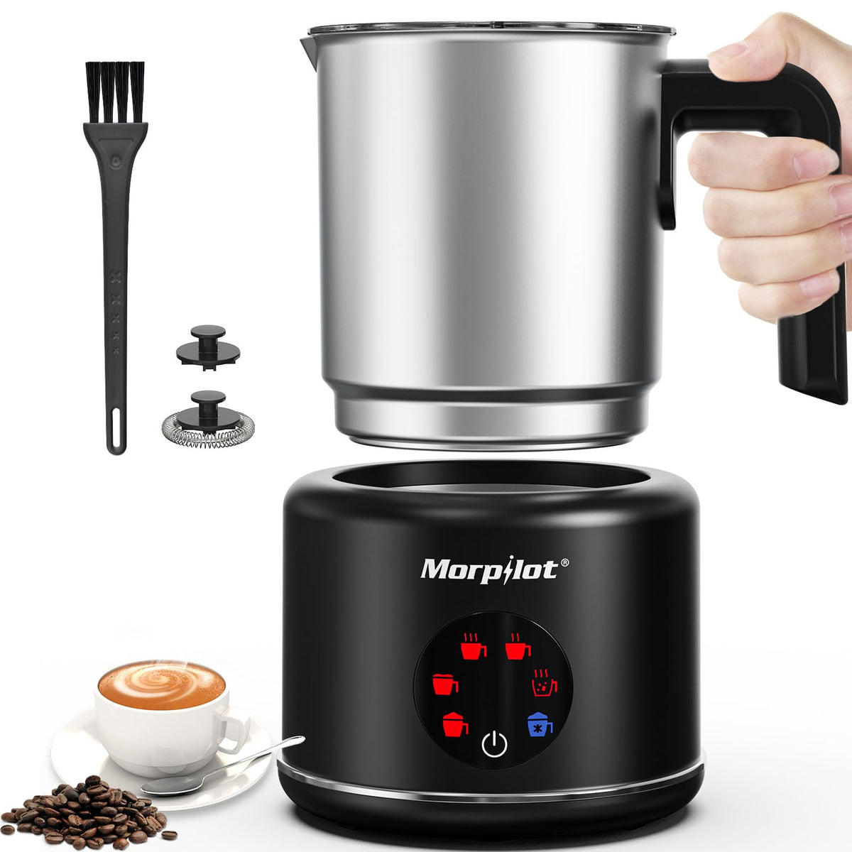 Morpilot Milchaufschäumer Elektrisch 6-in-1 500 ml Edelstahl Schwarz mit Anti-Tropf-Ausguss