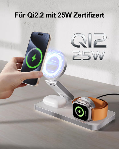 QTlier 3-in-1 Ladestation Qi2.2 25W, MagSafe-kompatibel