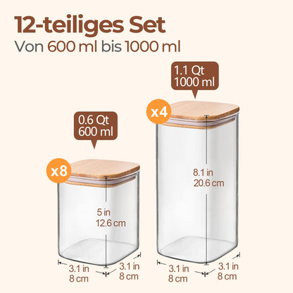 ComSaf Vorratsgläser mit Deckel luftdicht 12er Set 600ml/1L