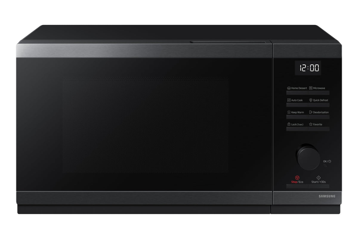Samsung MS23DG4504AGE1 Solo-Mikrowelle – 23l Schwarz Edelstahl. Schwarzes, quaderförmiges Gerät aus Edelstahl. Erwärmt und taut Speisen schnell auf.