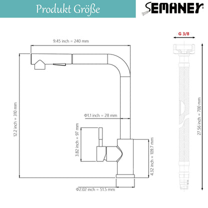 SEMANEY Küchenarmatur schwarz, ausziehbare Brause, 360° schwenkbar